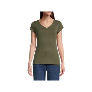 DOLAN Womens Green Stretch Ribbed Short Sleeve V Neck T-Shirt S